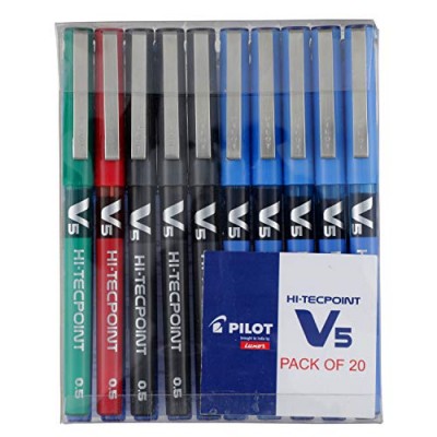 Pilot V5 Roller Ball Pen Pack of 20 (15 Blue , 3 Black , 1 Red , 1 Green)