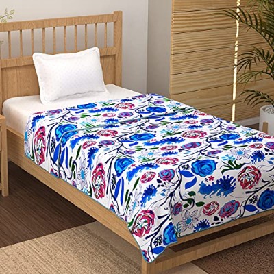 Story@Home Cotton Floral Pattern Reversible Single Blanket/Duvet/Comforter/AC Dohar (56 x 86 Inches, White and Blue)