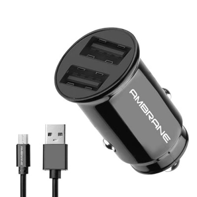 Ambrane 2.4A Dual Port Car Charger for All Smartphones + Free Micro USB Cable (ACC-56, Black)