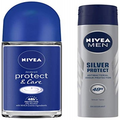 NIVEA Deodorant Roll On, Protect & Care, 50ml And NIVEA Men Deodorant, Silver Protect, 150ml