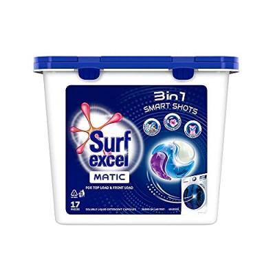 Surf Excel Matic 3 in 1 Smart Shots 17 pcs, Laundry Detergent Pods for Tough Stain Removal in Front Load & Top Load Washing Machines, Fragrance + Care