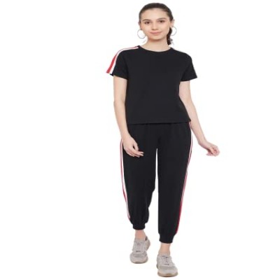 GRITSTONES Women Black Color T-Shirt and Trackpant Coed Set (GSWNCOED2695BLKRD_S)