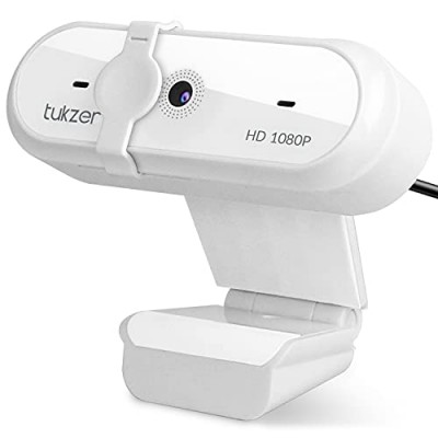 Tukzer 2.1 MP Full HD 1080P Web Camera, CMOS Webcam with Microphone| Privacy Cover| Auto-Focus| 360° Rotatable, Tripod Ready Mount | Plug-n-Play USB for Windows, Mac (C02-White)