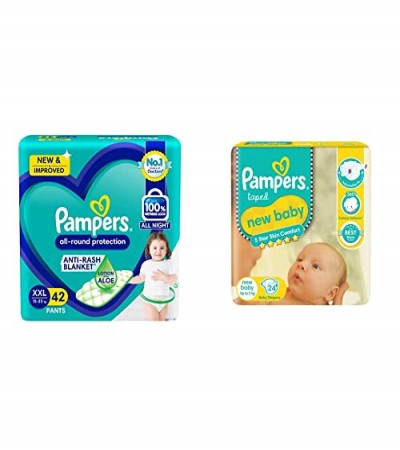 Pampers All round Protection Pants, Double Extra Large size baby diapers (XXL) 42 Count, Lotion with Aloe Vera & Active Baby Diapers, New Born, Extra Small, (NB, XS) size, 24 Count